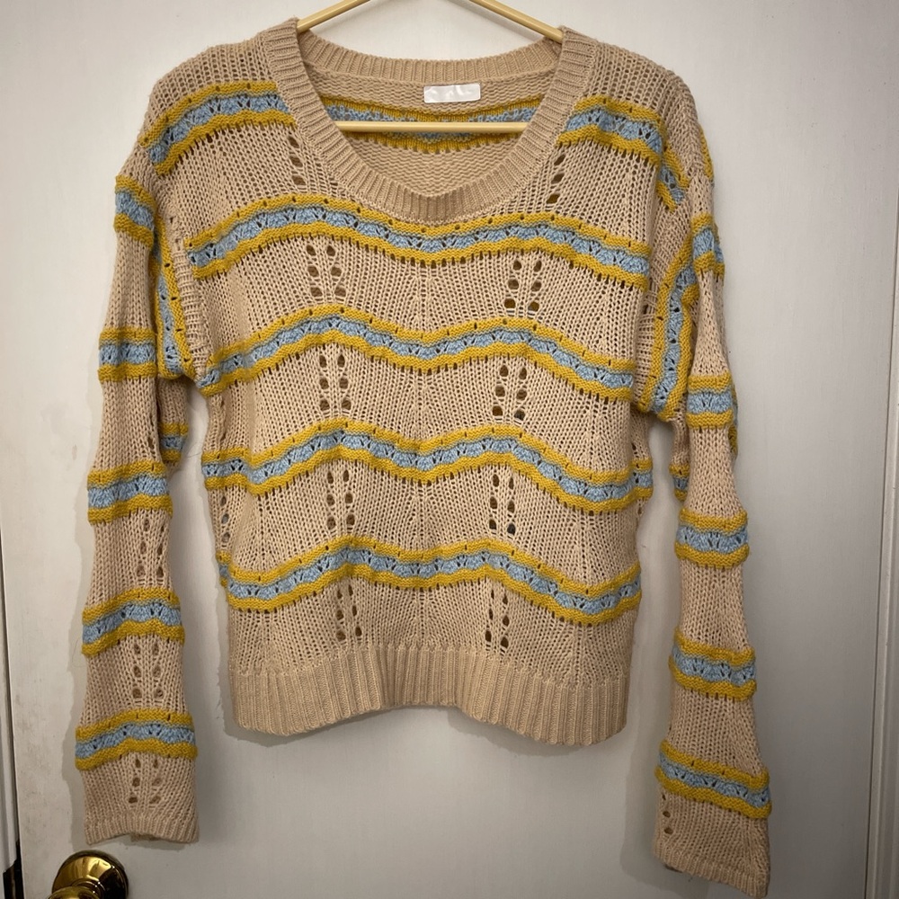 Women's Beige Sweater with Yellow and Blue Accents